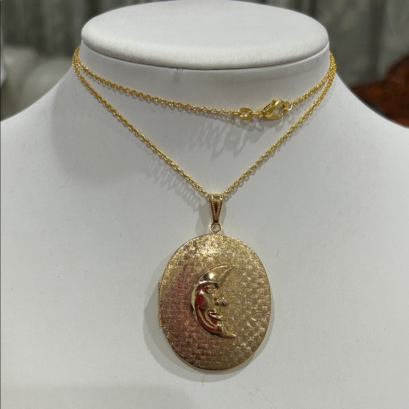 Gold Tone Moon Pendant Locket 25” Necklace - Picture 1 of 4